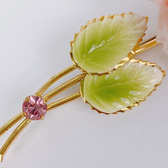 Austria Mid Century Pink Celluloid Rose Brooch Gold Tone Enamel Leaves READ - Picture 15 of 15